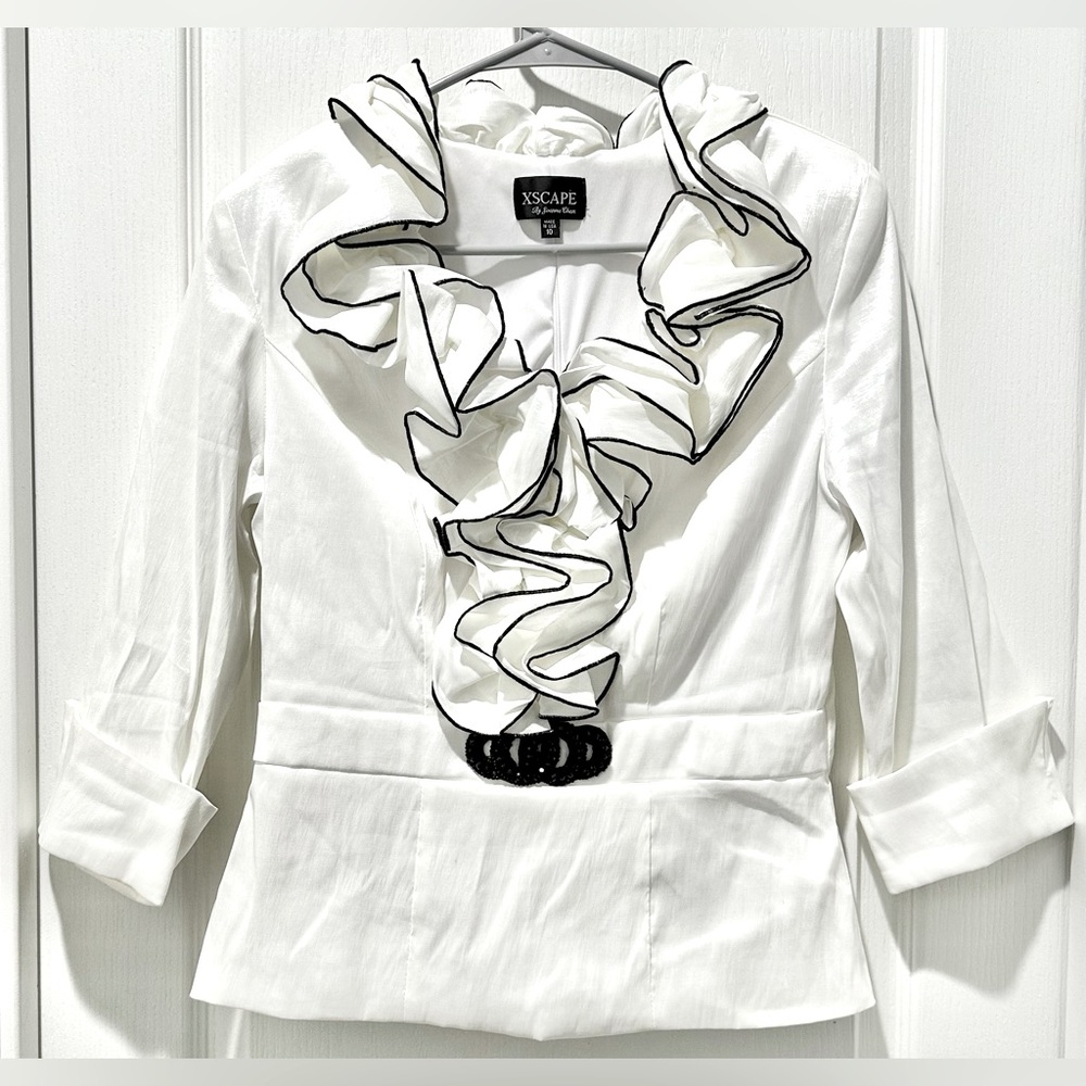Xscape 3/4 Cuffed Sleeve Ruffled & Embellished Formal White Taffeta w Black Trim - Picture 3 of 11